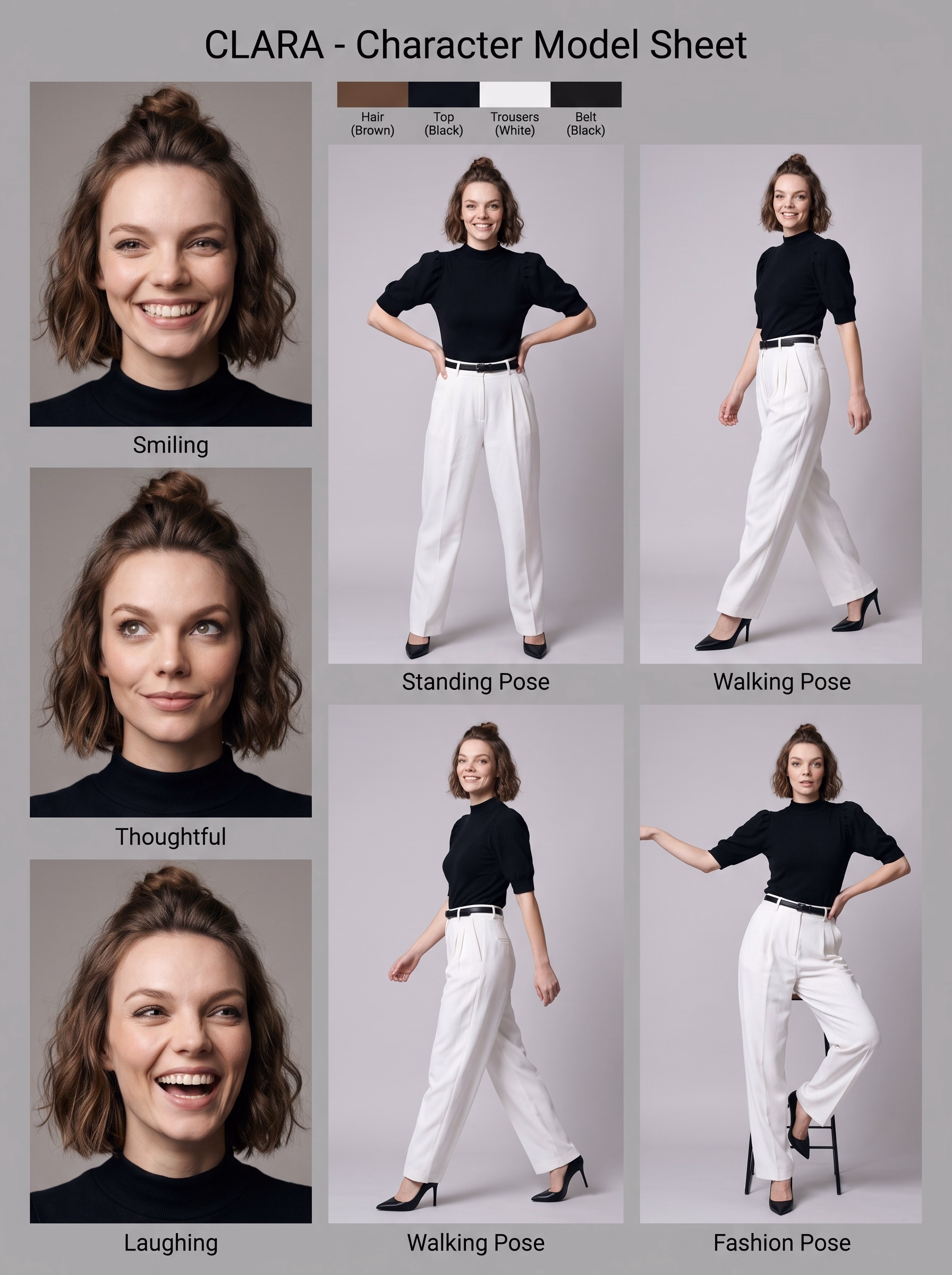 Character Design Sheet & Multi-Angle Poses — Full turnaround and posture consistency validation locking bone structure across wardrobe iterations.